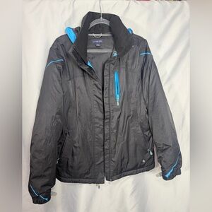 Lands End Women’s Ski Coat Jacket Black Turquoise Piping Hooded Winter L 14-16